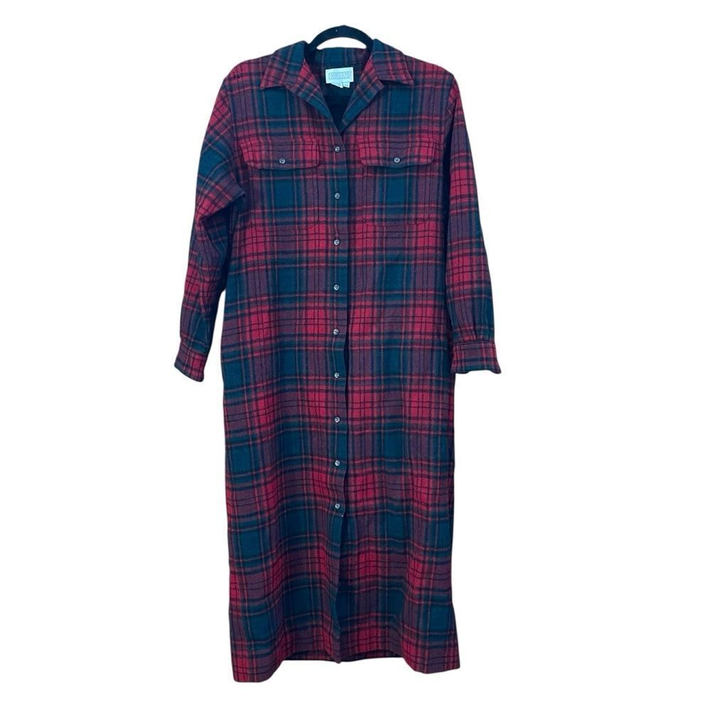 Lands' End Red and Green Plaid Wool Shirt Dress